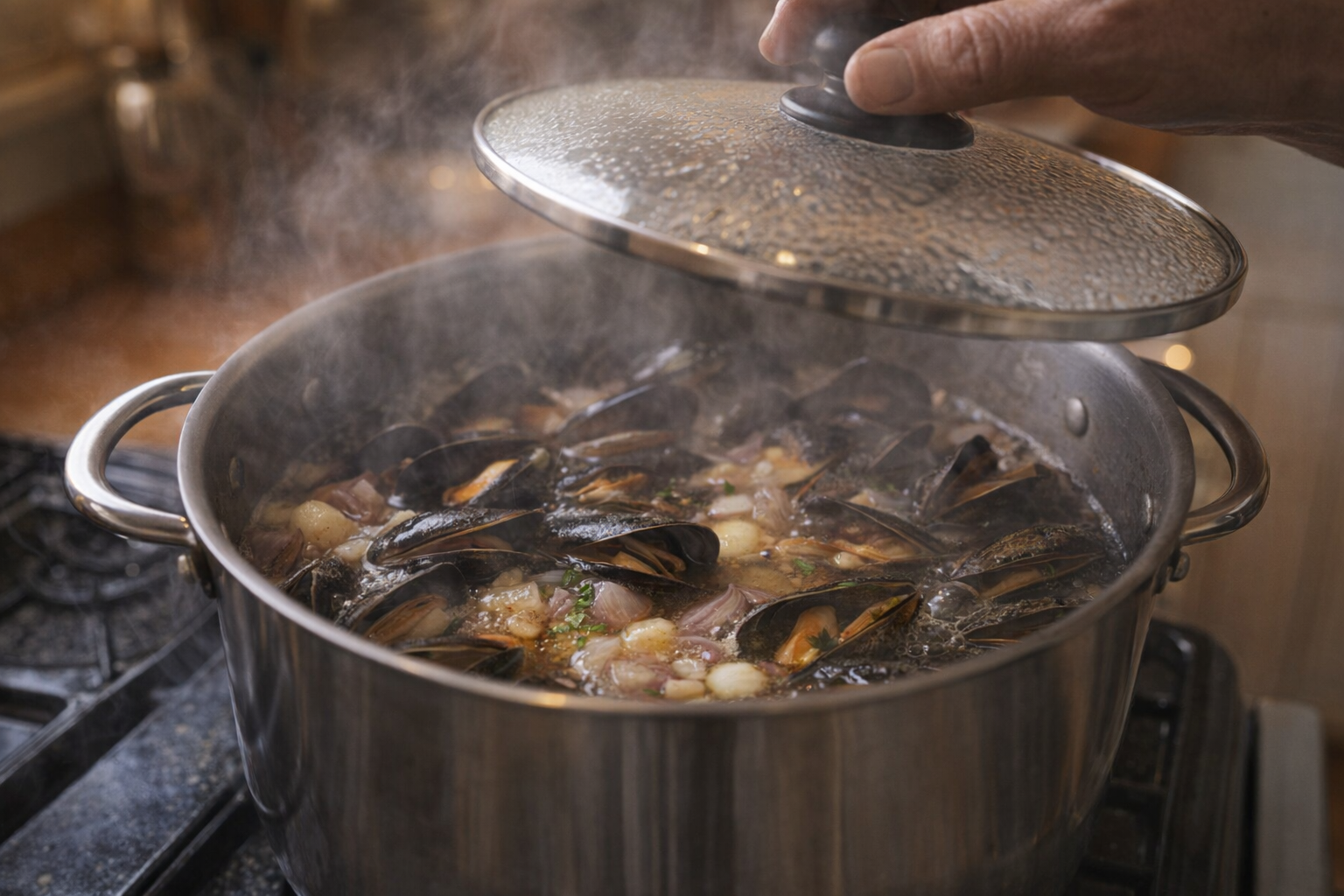 A medium shot of mussels steaming in a pot on the stove, steam visible under the lid, garlic and shallots visible in the broth, warm kitchen lighting